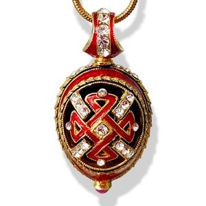 STERLING SILVER Red Guilloché Enamel Faberge Egg Pendant Swarovski Crystals Gold